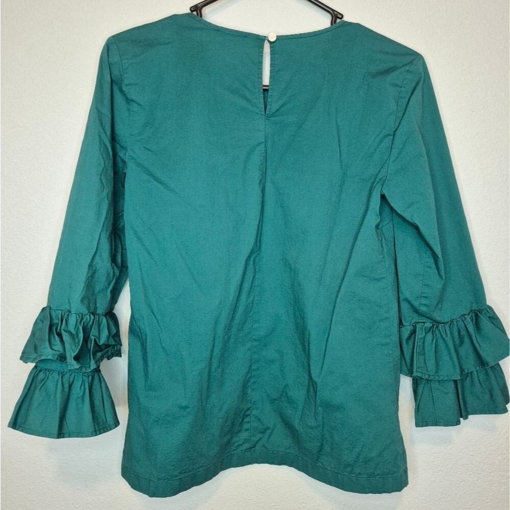 J. Crew Kelly Green Blouse with Ruffle Sleeves Size 00 Double Zero - Picture 4 of 5